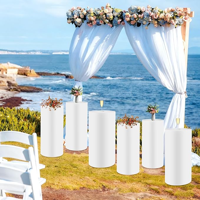 Eapmic Pedestal Stands for Party, Cake Pedestal Stand, Dessert Table Display Plinth Pillars, Sculpture Display Column Decoration Cube for Wedding Birthday (White, Cylinder-6Pcs(27.56"+26"+23.62"))
