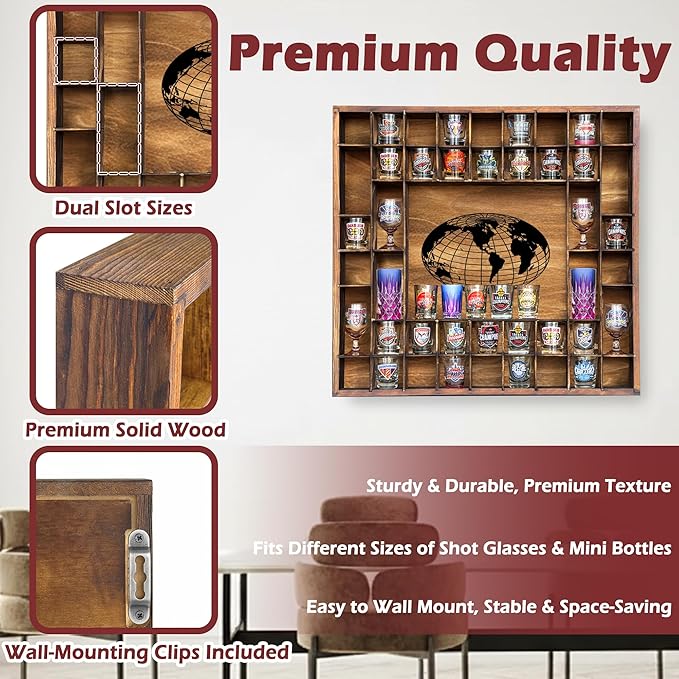 48 Shot Glass Display Case with Large World Map,28" x 27“ Solid Wood Shot Glass Holder,Wall Mounted Bar Cabinet for Wineglass Storage Decor (Brown)
