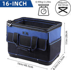 Tool Bag 16'', Multi-pocket Tool Organizer with Water Proof Plastic Base, Heavy Duty Tote with Shoulder Strap for Tool Storage, Black & Blue