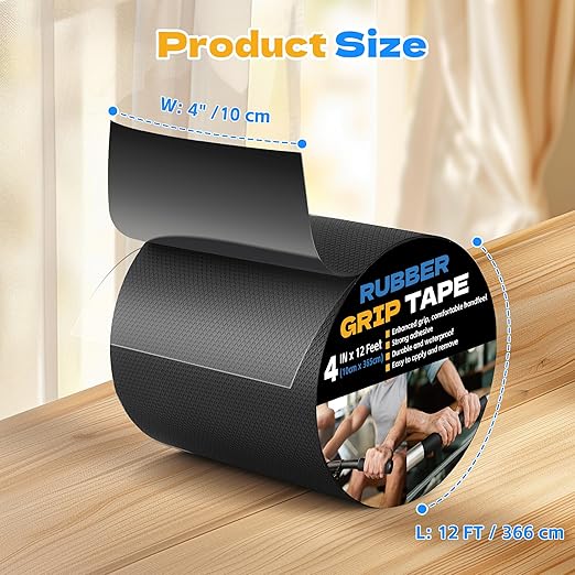 Rubber Grip Tape, 4 in x 12 Ft Black Ultra-Thin Strong Adhesive Non-Slip Tape, Anti-Slip Grip Tape for Handles, Waterproof Heat Resistant Cushion Grip, Comfortable in Hands