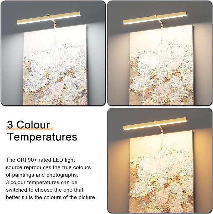 Plug in Picture Lights for Wall, 16 inch Dimmable LED Art Light with Remote, 3 Colour Temperature Gallery Painting Wall Light for Picture Display Dartboard Art Work (Gold)