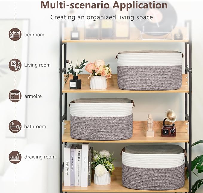 Cotton Rope Basket, Storage Baskets with Handle, 15x10x9 Inch Woven Basket for Shelves, Laundry, Towels, Clothes, Books (White Brown 1 Pack)
