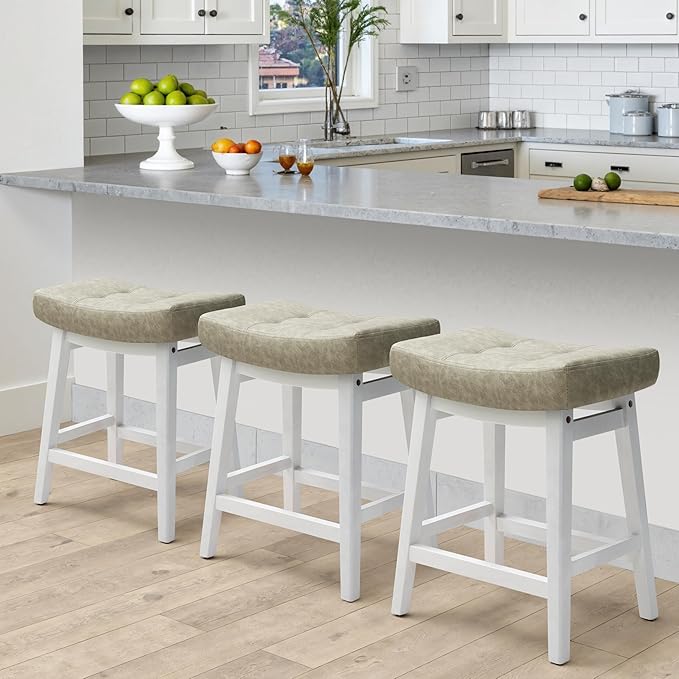 Counter Height Bar Stool Kitchen Counter Modern Backless Barstool with Upholstered Faux Leather Seat and Solid Wood Leg Farmhouse 24 inch Bar Chair, Light Grey + White, 1pc