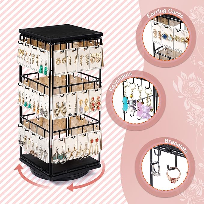 360 Rotating Earring Display Stands for Selling, Earring Rack Display Holder Stand, Jewelry Display for Vendors Selling Earring Cards, Necklaces, Bracelets, Hair Accessories (48 Hooks)