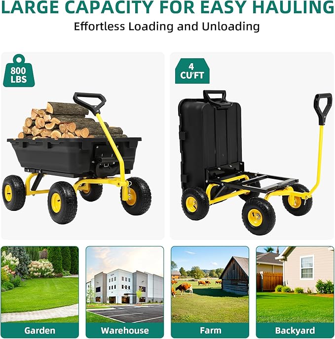 800lbs Garden Dump Cart, Heavy Duty Yard Dump Wagon with 10" Pneumatic Tires, Utility Wheelbarrow cart for Yard, Farm and Garden Daily Hauling, Ideal