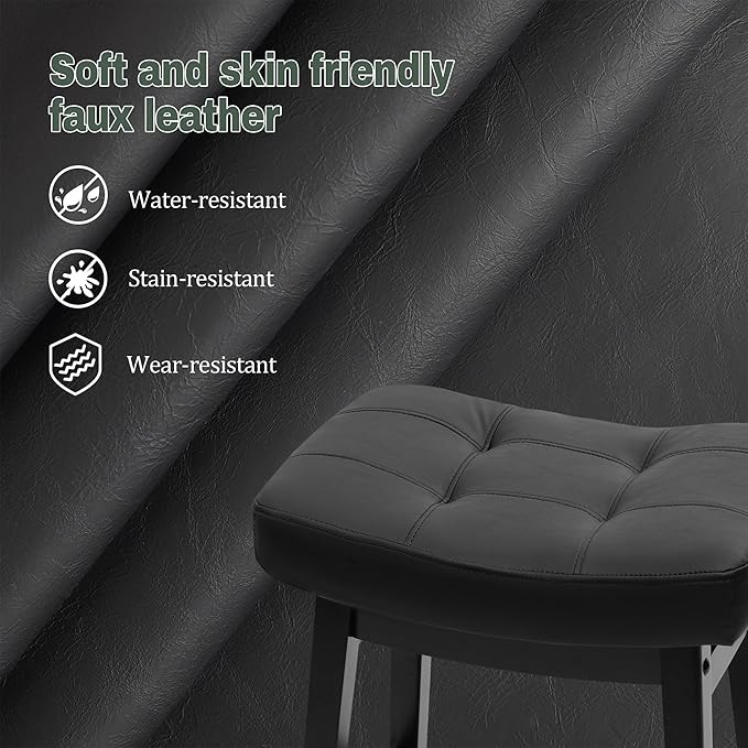 Counter Height Black Bar Stools Set of 6 for Kitchen Counter, Backless Farmhouse Kitchen Island Barstools with Upholstered Faux Leather Saddle Seat and Solid Wood Legs Modern 24 inch Bar Chairs