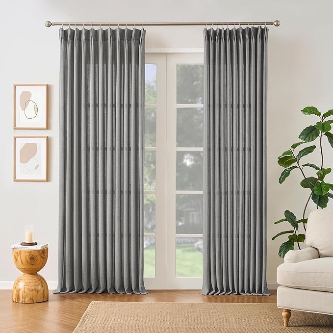 Grey Pinch Pleated Curtains 102 Inches Long 2 Panels, Soft Linen Textured Window Drapes for Bedroom Living Room Semi Sheer Light Filtering Back Tab with Hooks 70x102