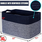 MINTWOOD Design 22in Extra Large Blanket Basket Holder for Living Room, Rectangle Rope Woven Storage Bin with Handles for Laundry, Pool Towels, and Shoes, Dog Toy Box Organizer, Navy Blue