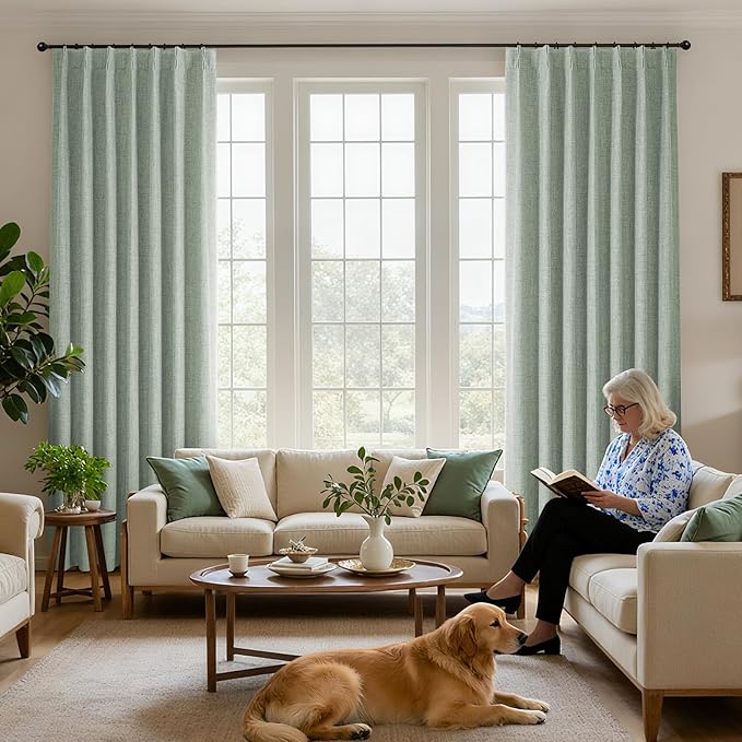 Joydeco Pinch Pleated Curtains - 100% Blackout for Bedroom, Sage Green Linen Curtains 40" W x 96" L, Thermal Insulated 2 Panels Light Blocking Drapes, Back Tabs for Living Room