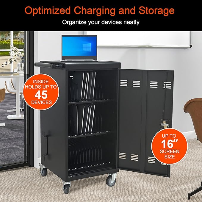 Laptop Charging Cart,45 Devices Tablet Storage Carts for pad Up to 16.3" Screen Size, Classroom Computer Mobile Charging Station for Pads, Chromebooks,Laptops, Security Storage(45 Bay-Black)