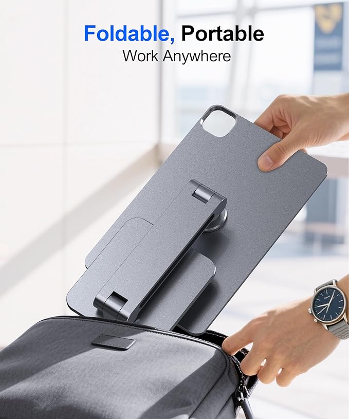Magnetic iPad Stand with Wireless Charging, 35W Contact Fast Charger, Suction Cup Base, 360° Rotating Panel & Foldable, Compatible with iPad Pro 13" M5 & M4 ONLY, Work & Study Desk - Gray