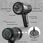FORTO Rechargeable Spotlight, 1800ft Beam Distance, 5000 Lumens and IPX8 Waterproof 40 ft Depth, Warm Glow Camping Lantern, Perfect for Dog Walking, Camping, Adventure, Home Backup use (Black-Pro)