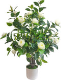Artificial Camellia Tree 35in Faux Floral Plant with White Flowers and Green Leaves - No Maintenance Indoor Outdoor Office Home Porch Decor Housewarming Gift(1 Pack - White)