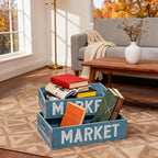 Extra Large Wooden Crate Set of 2 Rustic Wood Storage Crates Farmhouse Nesting Wooden Crate Basket Vintage Home Decorative Boxes with Handles for Display (Blue)