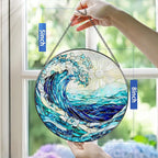Stained Glass Window Hanging, 8 Inch Ocean Waves Stained Glass Suncatcher, Window Hanging Decor, Beach Decor, Ocean Suncatcher Gift, Beach Lover Gift, Gifts for Couples Friends Family