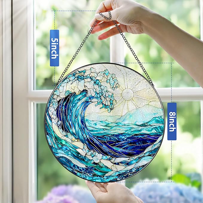 Stained Glass Window Hanging, 8 Inch Ocean Waves Stained Glass Suncatcher, Window Hanging Decor, Beach Decor, Ocean Suncatcher Gift, Beach Lover Gift, Gifts for Couples Friends Family