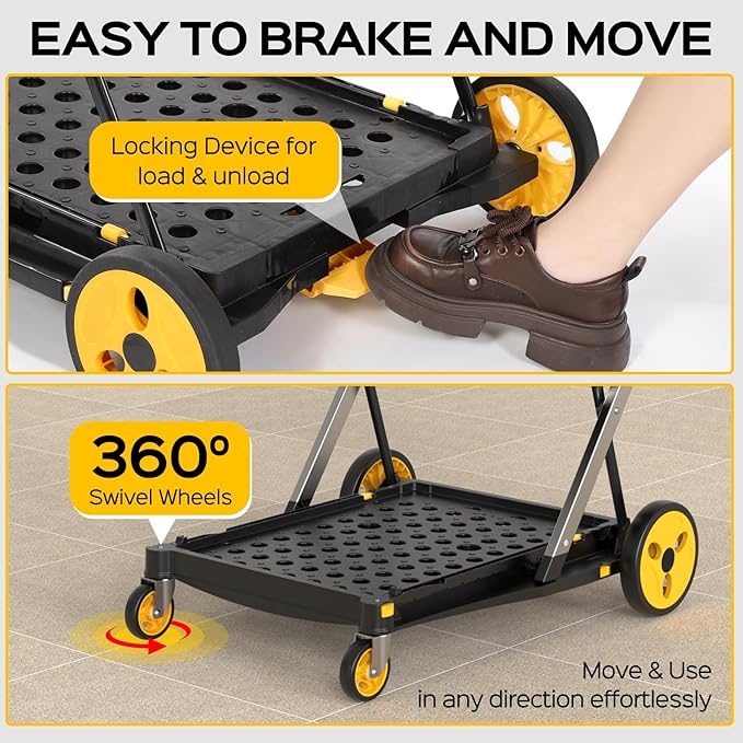 Collapsible Shopping Cart with Wheels, 200 lbs Capacity Grocery Cart on Wheels with Storage Crate, Platform Hand Truck with Foot Brake, Yellow
