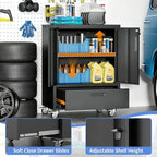 Metal Storage Cabinet with Wheels, Mobile Garage Storage Cabinet with 2 Lockable Doors and 1 Drawer, Rolling Tool Cabinet, Assembly Required, Black