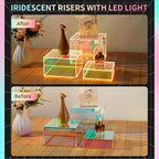 3Pcs Iridescent Acrylic Display Risers with LED light Plug and Play, Stackable Acrylic Cube Boxes Rainbow Display Stand with Hollow Bottom for Figures Jewelry Perfume Purse Food Buffet Riser