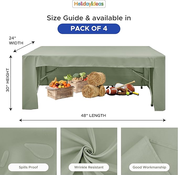 HolidayIdeas Open Back Fitted Tableclothss for 4 Foot Rectangle Table, Wrinkle Resistant Washable Table Covers 24x48 Inch for Craft Fairs, Banquets, Trade Show Display, Sage Green,4 Pcs