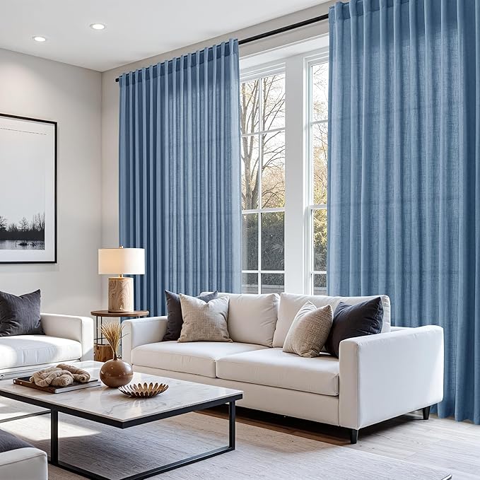 Nanspring Stone Blue Linen Curtains 84 Inches Long for Living Room Back Tab Luxury Light Filtering Privacy Semi Sheer Curtain Modern Farmhouse Boho Drapes for Bedroom Office 2 Panels Set 52x84