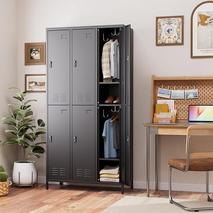 Aobabo Combination Lock Metal Storage Locker for Employees, 6 Doors Lockable Storage Locker with 18 Hooks for Office Gym School, Black, Assembly Required