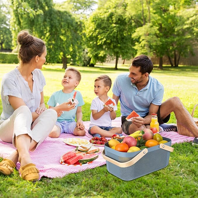 Sadnyy 4 Pcs Plastic Mesh Garden Harvest Basket Storage Basket with Wooden Handle Multi Functional Mesh Bin for Kitchen Cabinet Picnic Fruit Vegetable Gathering Organizer(Large,Blue)