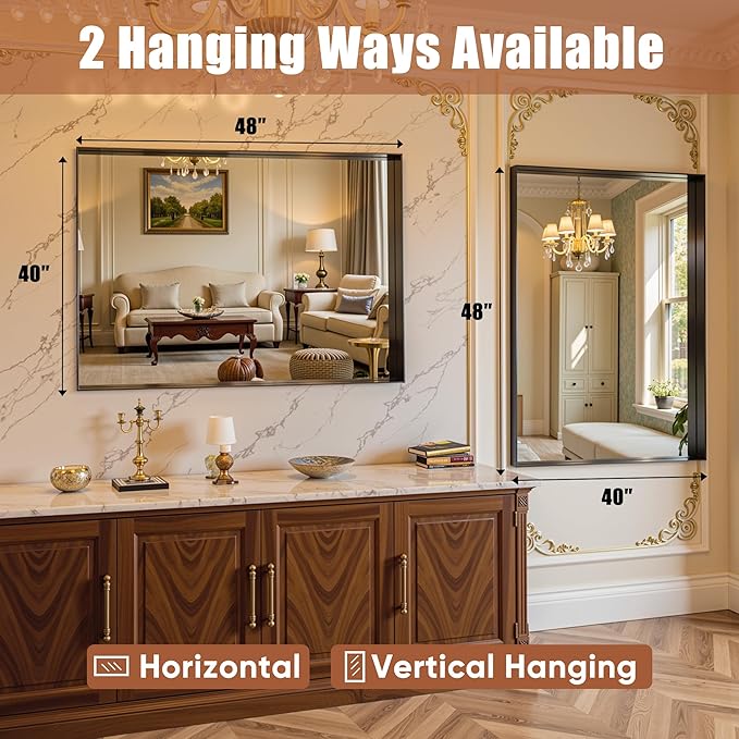 48"x40" Black Framed Bathroom Mirror, Large Rectangular Vanity Mirror, Aluminum Metal Frame, Wall Farmhouse Modern Wall-Mounted Mirrors for Bathroom, Bedroom, Living Room, Over Sink