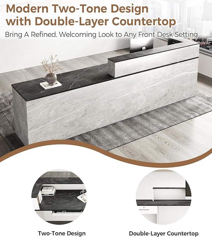 Modern L-Shaped Reception Desk with Counter – 79" Front Desk Reception Room Table with Lockable Drawer & Keyboard Tray for Office, Salon, Lobby, Checkout (Gray + Black, Left)