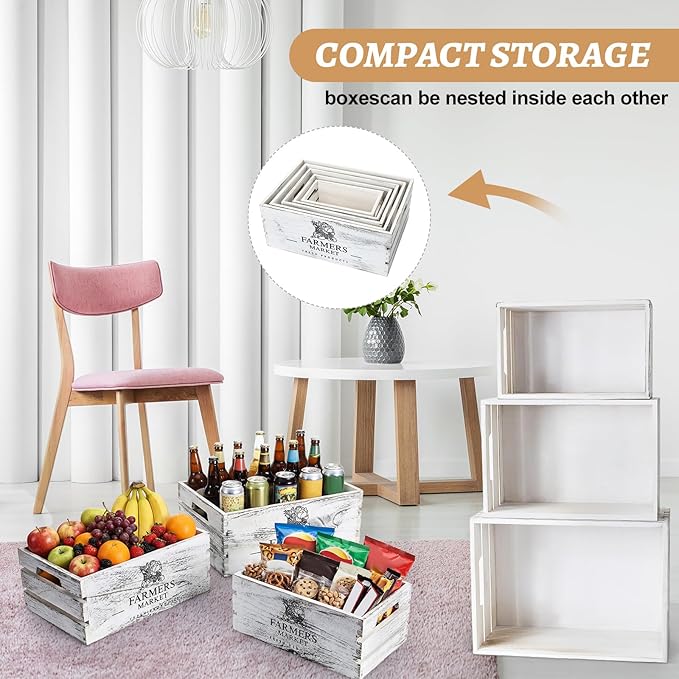Barydat Set of 5 Wood Crates for Display Decorative Nesting Wooden Crate Storage with Handles Vintage Farmhouse Style Decorative Boxes Multipurpose Fruits Vegetables Boxes (Rustic White,Elegant)