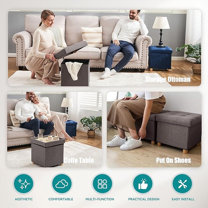 BRIAN & DANY Ottoman with Storage, Small Storage Ottoman for Dorm, Linen Folding Ottoman Foot Stool with Legs for Living Room and Bedroom, 15"x15"x15" - Brown