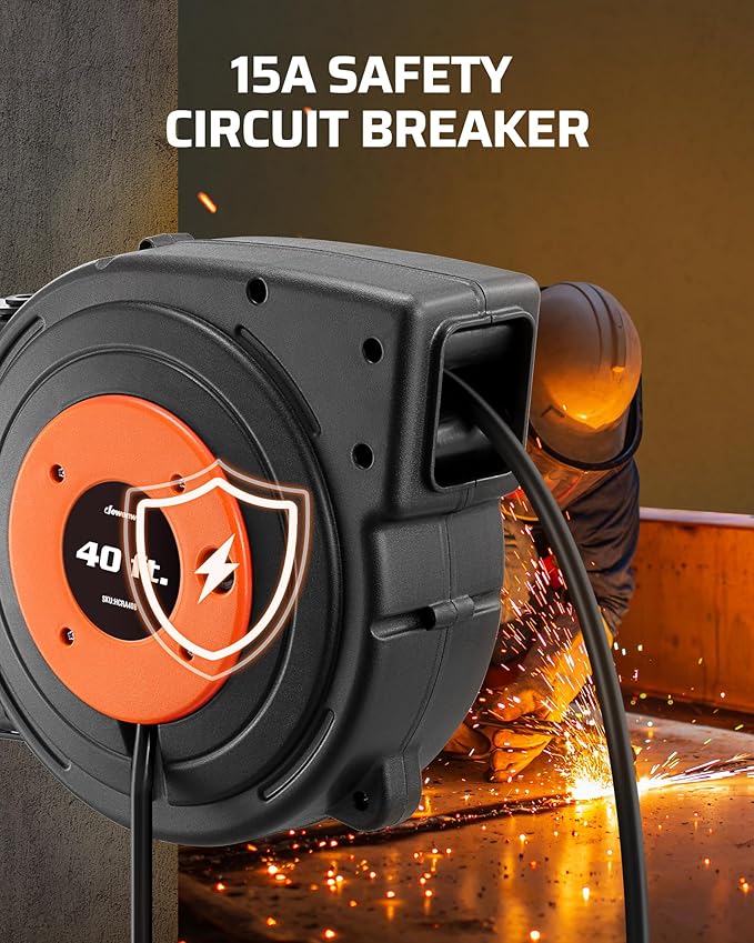DEWENWILS Retractable Extension Cord Reel, 40 FT Heavy Duty Power Cord, 12AWG/3C SJTOW, 3 Grounded Outlets Lighted Triple Tap, 15 Amp Circuit Breaker, UL Listed