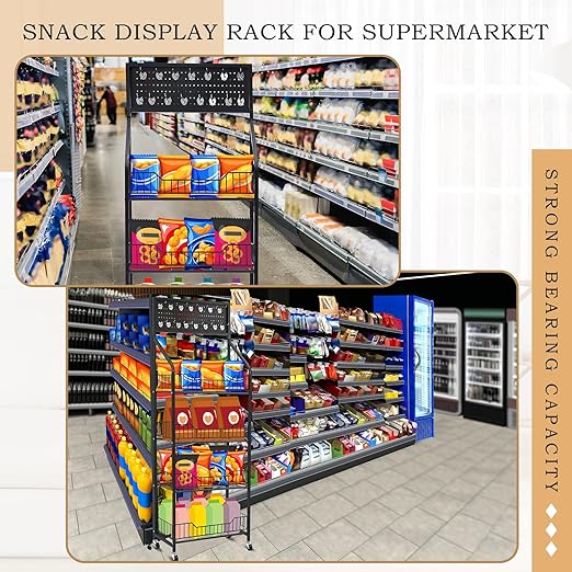 2 Set Retail Display Rack Shelf Cart with Wheels and Hook Heavy-Duty Metal Snack Potato Chip Display Organizer Concession Stand for Supermarket Grocery Store Home Black (4 Tier 15 Hooks)