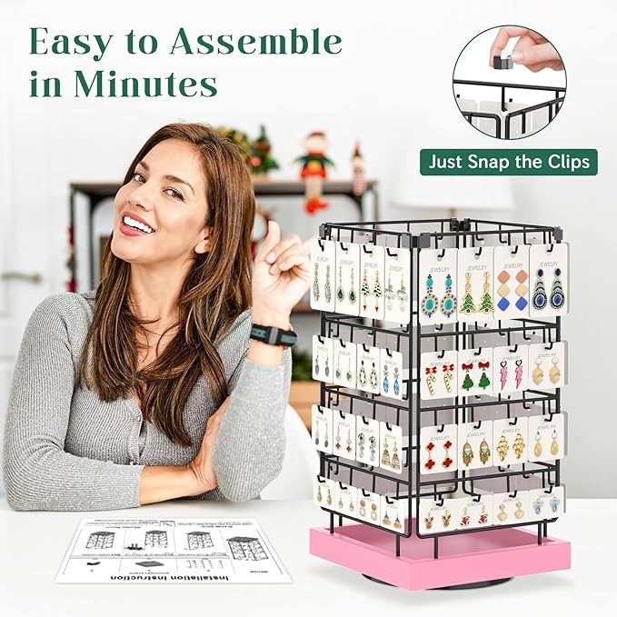 EsLuker.ly Rotating Earring Display Holder Stand for Vendors Events Selling, Large Capacity 64 Hooks Jewelry Rack with Wooden Base for Earring Card Sales, Enhances Retail Display Visibility(Pink)