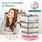 EsLuker.ly Rotating Earring Display Holder Stand for Vendors Events Selling, Large Capacity 64 Hooks Jewelry Rack with Wooden Base for Earring Card Sales, Enhances Retail Display Visibility(Pink)
