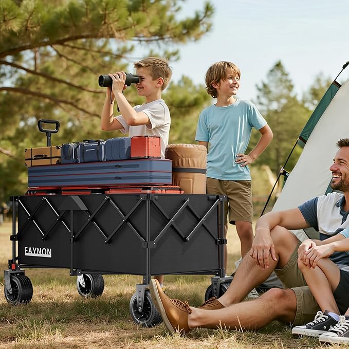 46" L Collapsible Foldable Extended Wagon, 500LB Weight Capacity with 280L Heavy Duty Folding Cart,Utility Wagon with All-Terrain Beach Wheel & Drink Holders,Black