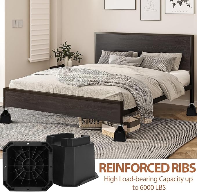 shouwuhho Bed Risers 5 inch, Furniture Risers Elevation in Heights 5 Inch Heavy Duty, Bed Lift Risers for Caster Wheels or Posts of Bed Table Couch, Support up to 6000 lbs, Black, 4 Pack