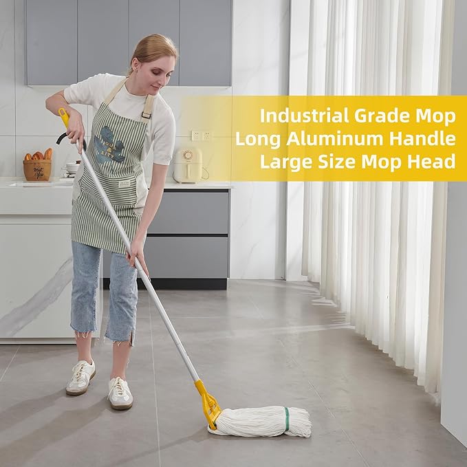 Commercial Heavy Duty Industrial Mop with Long Handle,59" Looped-End String Wet Cotton Mops for Floor Cleaning, Including Three mop Head Replacement