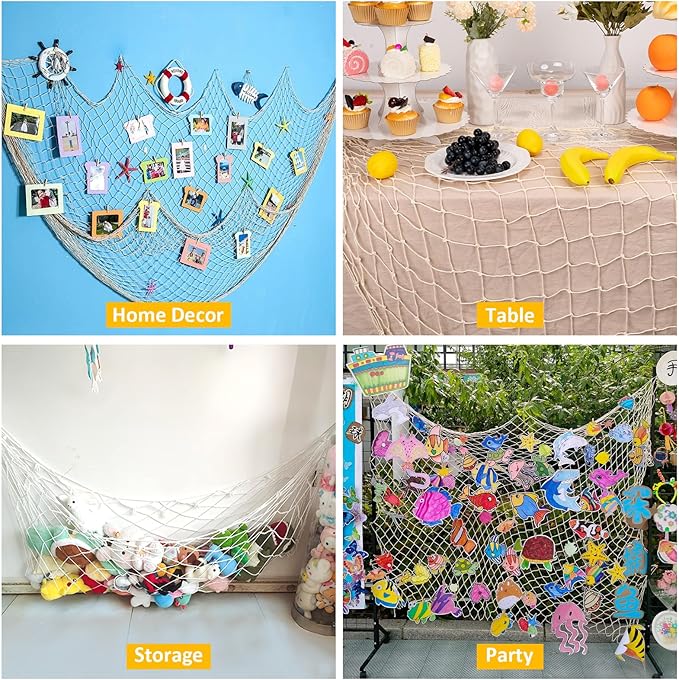 2 Pcs Fish Net Decorations, 39x78 Inch Cotton Nautical Themed Fishing Net, Wall Hanging Photo Display Fishnet for Coastal Bedroom Bathroom, Pirate Hawaiian Beach Under The Sea Party Decor, Beige