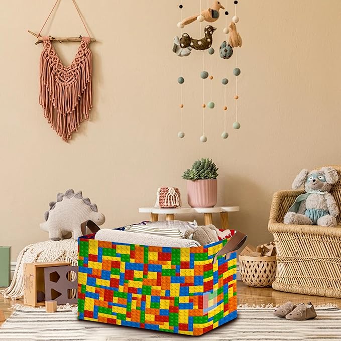 Colorful Building Blocks Storage Basket Large 17x11.5x10.5 Inche-Collapsible Fabric Organizer Bin with Handles for Kids Room, Toys, Playroom-Decorative Hamper with Educational Block-Single Pack