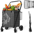 HABUTWAY Grocery Cart on Wheels for Groceries, Folding Shopping Carts with Liner, 110LBS Large Capacity Jumbo Grocery Cart with Dual Basket, 360° Rolling Laundry Cart, Lightweight Trolley for Senior