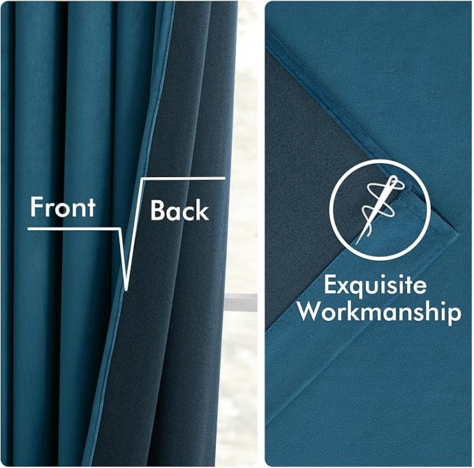 MIULEE Velvet Curtains 90 Inches Long 2 Panels Set for Bedroom, Pinch Pleat Back Tab Luxury Thermal Insulated Living Room Darkening Drapes Pleated Blackout Window Curtains with Hooks, Peacock Blue