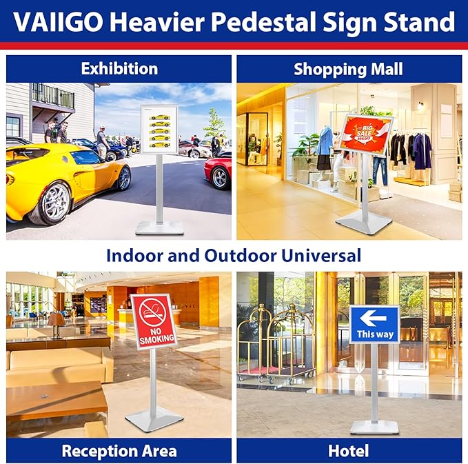 Pedestal Sign holder Stand 8.5x11inch Adjustable Standing Floor Sign Stand with Heavy Base & Snap Frame Display Stand for Indoor Outdoor Business Store Sign Holder Poster Stand (Silver)