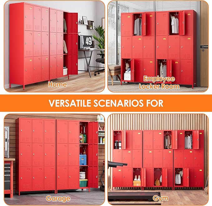 Aobabo New 9 Doors Metal Storage Locker for Employees, Lockable Steel Locker with Name Card Slot and 27 Hooks for School Office Gym Garage, Red, Assembly Required