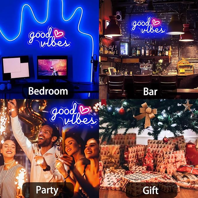 Blue Good Vibes Neon Signs for Wall Decor, Room Decor Aesthetic Good Vibes Neon Light Blue, USB Powered Game LED Sign for Bedroom, Gamer Light up Sign for Christmas Teen Boys Girls Men Cave