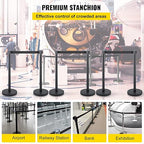 VEVOR Crowd Control Stanchion Set, Stanchion Set with 6.6 ft/2 m Black Retractable Belt, Black Crowd Control Barrier w/Concrete and Solid Metal Base - Easy Connect Assembly (6)