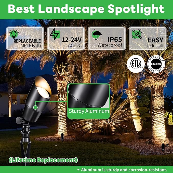 Outdoor Lighting, Black LED Landscape Spotlight, Low Voltage, Waterproof Aluminum Fixture for Lawn, Sign, Home Without MR16 Bulb 12 Pack