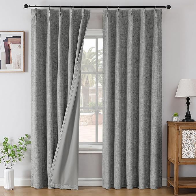 Joydeco Pinch Pleated Curtains - 100% Blackout for Bedroom, Light Grey Linen Curtains 40" W x 108" L, Thermal Insulated 2 Panels Light Blocking Drapes, Back Tabs for Living Room