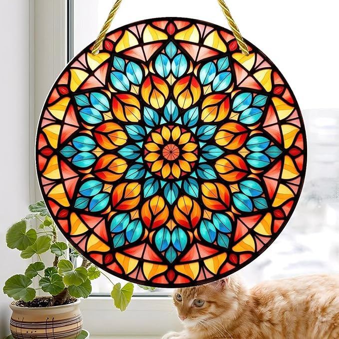 Acrylic Stained Panel Hanging-Radiant Floral Display Round Window Hanging Ornament,Wall Art Panel for Indoor/Outdoor Decor,Gift,Birthday for Women, Men, Wife, Aunt, and Mom 7.8in