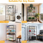 5 Tier Shelf Organizer Rack, Metal Shelving Unit with Adjustable Leveling Feet, Space-Saving Storage Shelves for Garage Closet Laundry Bathroom Kitchen Pantry, 33.07”Wx12.6”Dx72.04”H,Black